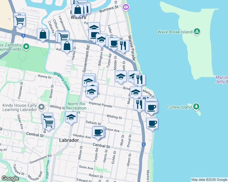 map of restaurants, bars, coffee shops, grocery stores, and more near 36 Broad Street in Labrador