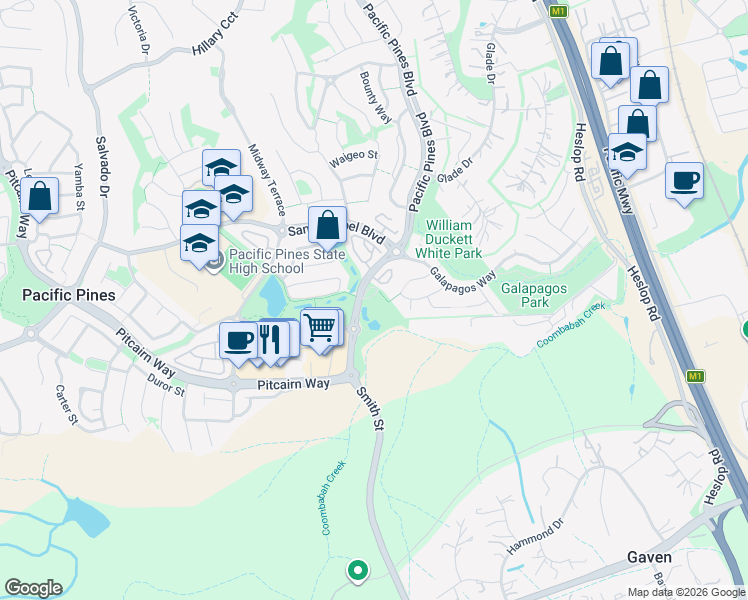 map of restaurants, bars, coffee shops, grocery stores, and more near 136 Pacific Pines Boulevard in Pacific Pines