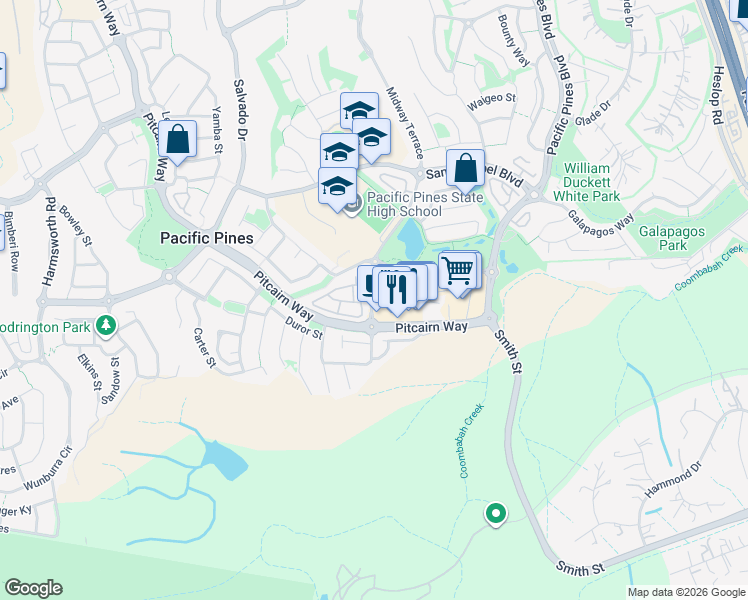 map of restaurants, bars, coffee shops, grocery stores, and more near 18 Archipelago Street in Pacific Pines