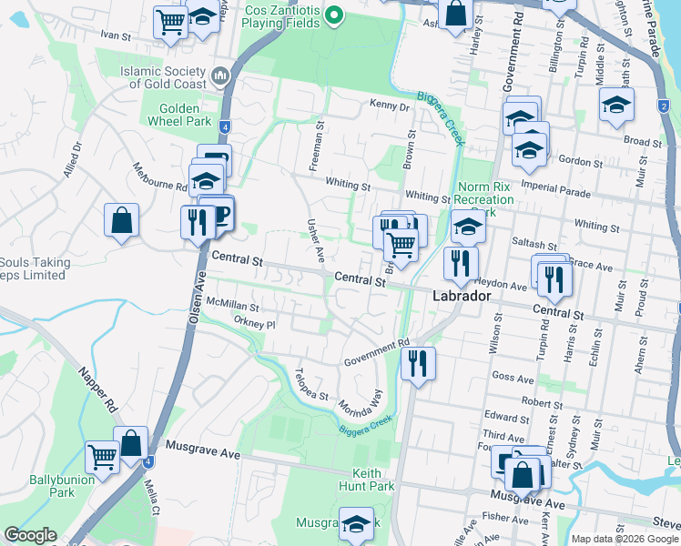 map of restaurants, bars, coffee shops, grocery stores, and more near 183 Central Street in Labrador