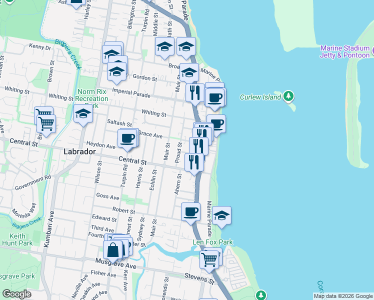 map of restaurants, bars, coffee shops, grocery stores, and more near 23 Bright Avenue in Labrador