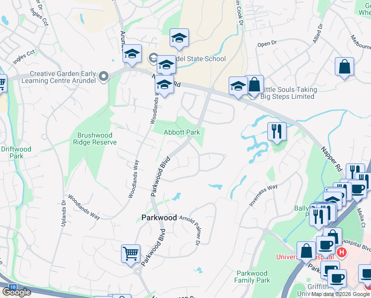 map of restaurants, bars, coffee shops, grocery stores, and more near 30 Parkwood Boulevard in Parkwood