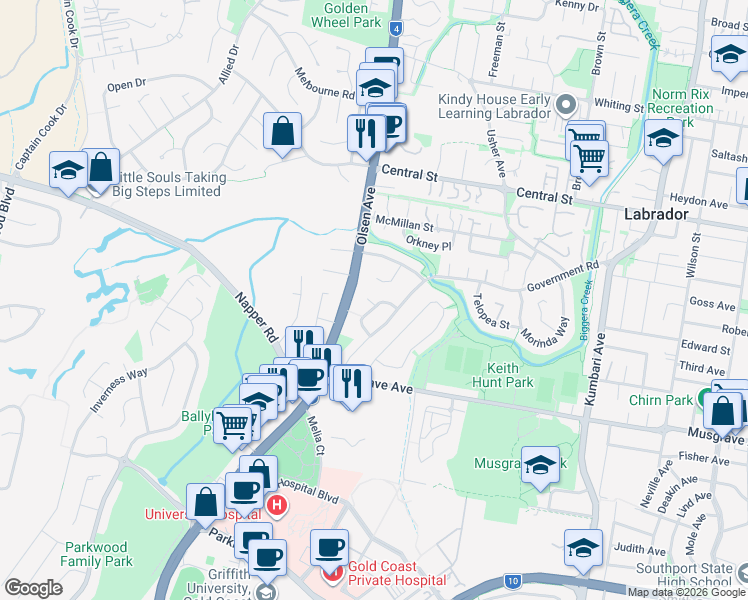 map of restaurants, bars, coffee shops, grocery stores, and more near 18 Senate Street in Labrador