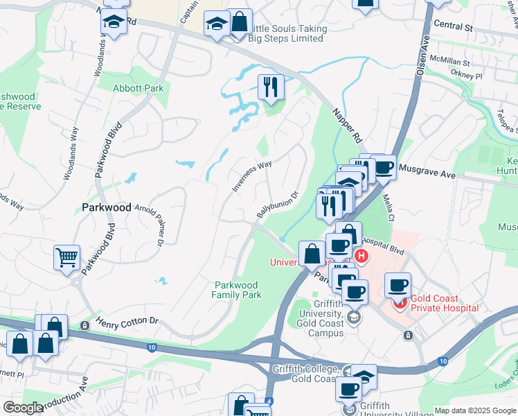 map of restaurants, bars, coffee shops, grocery stores, and more near 51 Ballybunion Drive in Parkwood