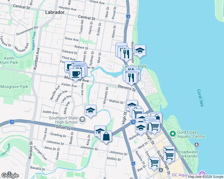 map of restaurants, bars, coffee shops, grocery stores, and more near 46 Stevens Street in Southport