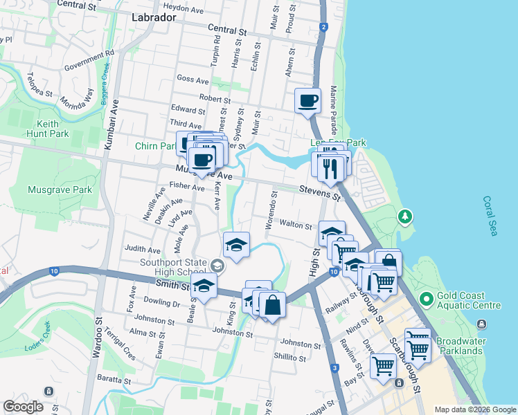 map of restaurants, bars, coffee shops, grocery stores, and more near 27 William Street in Southport
