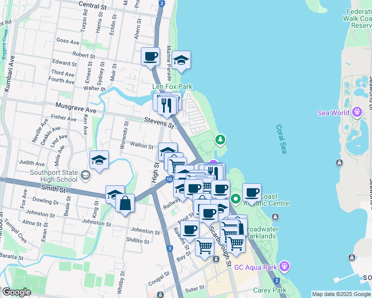 map of restaurants, bars, coffee shops, grocery stores, and more near 138 Marine Parade in Southport