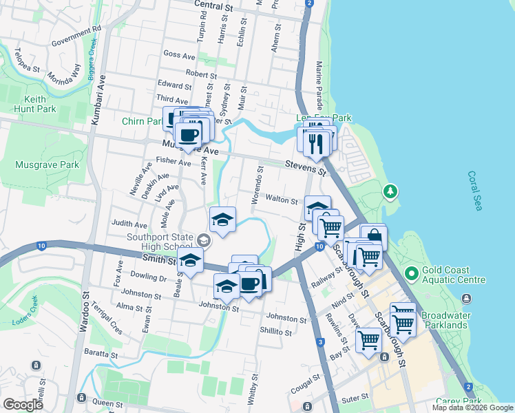 map of restaurants, bars, coffee shops, grocery stores, and more near 57 Worendo Street in Southport