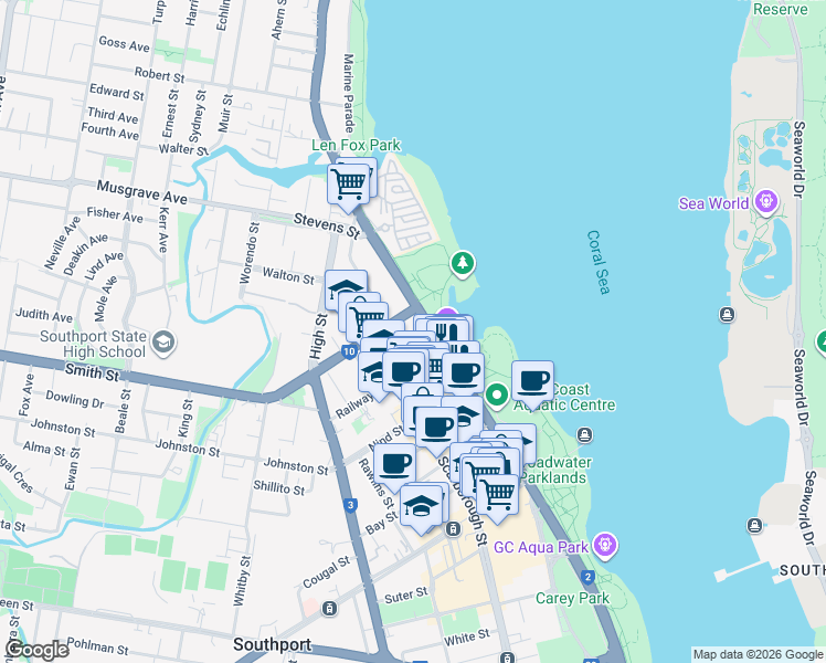 map of restaurants, bars, coffee shops, grocery stores, and more near 114 Marine Parade in Southport