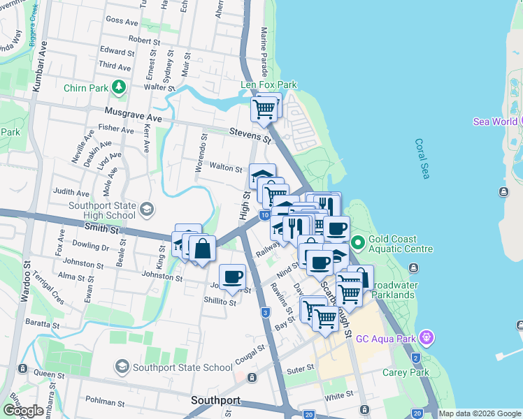 map of restaurants, bars, coffee shops, grocery stores, and more near 3 Tate Street in Southport