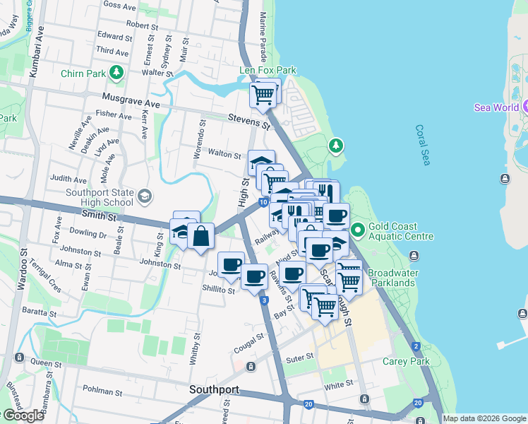 map of restaurants, bars, coffee shops, grocery stores, and more near 22-24 Gray Street in Southport