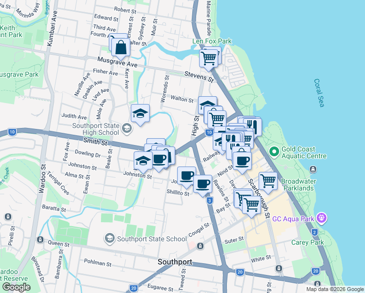 map of restaurants, bars, coffee shops, grocery stores, and more near 61-65 North Street in Southport