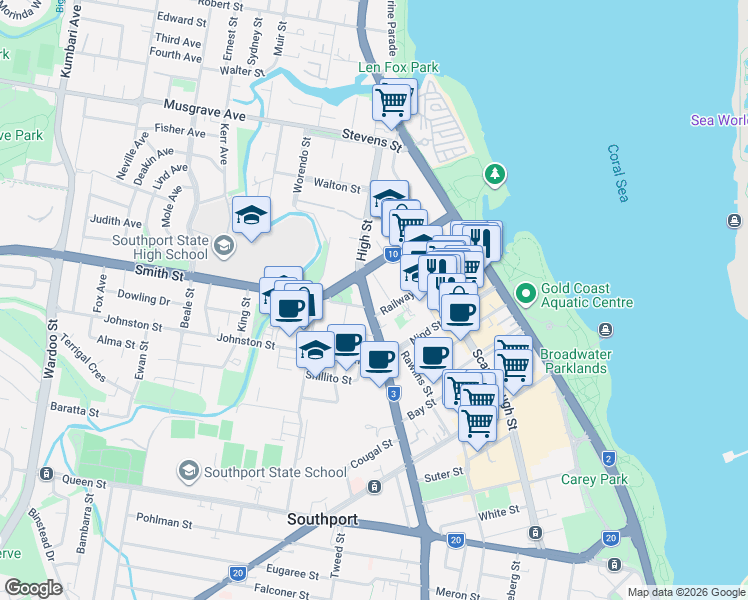 map of restaurants, bars, coffee shops, grocery stores, and more near 113 High Street in Southport