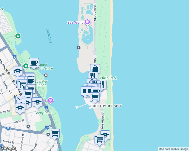 map of restaurants, bars, coffee shops, grocery stores, and more near 170 Seaworld Drive in Main Beach