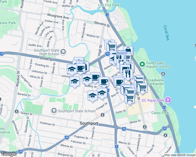map of restaurants, bars, coffee shops, grocery stores, and more near 7-11 Johnston Street in Southport