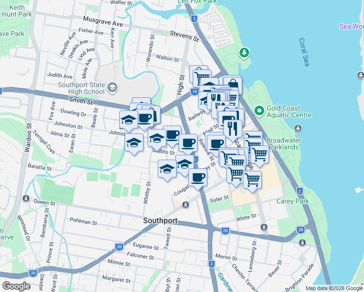 map of restaurants, bars, coffee shops, grocery stores, and more near 2 Johnston Street in Southport