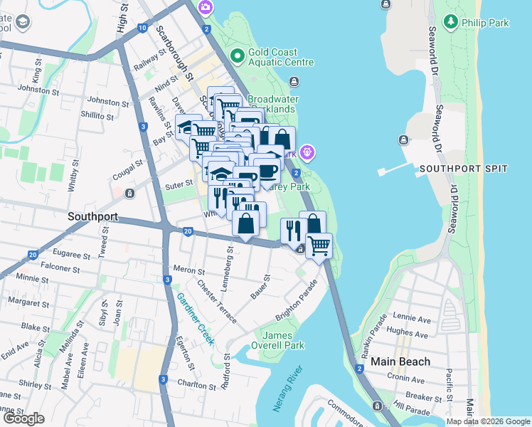 map of restaurants, bars, coffee shops, grocery stores, and more near 2 Marine Parade in Southport