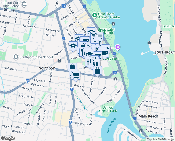 map of restaurants, bars, coffee shops, grocery stores, and more near 15 Owens Lane in Gold Coast