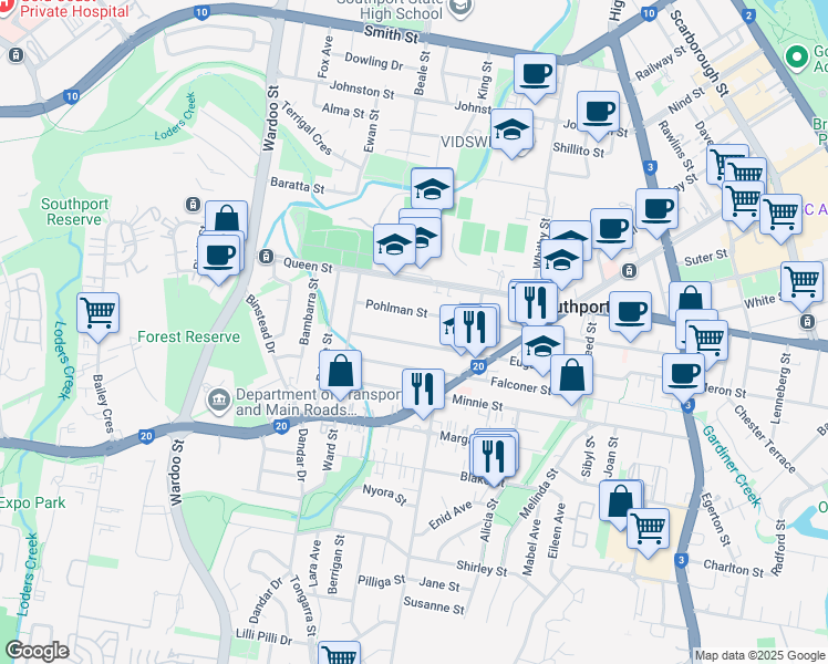 map of restaurants, bars, coffee shops, grocery stores, and more near 117 Eugaree Street in Southport