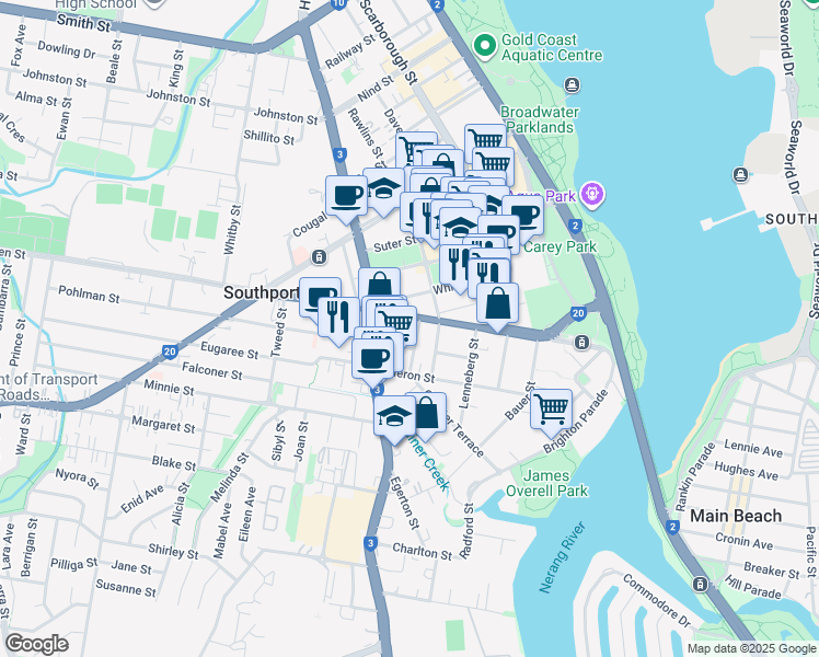 map of restaurants, bars, coffee shops, grocery stores, and more near 12 Gillian Lane in Southport