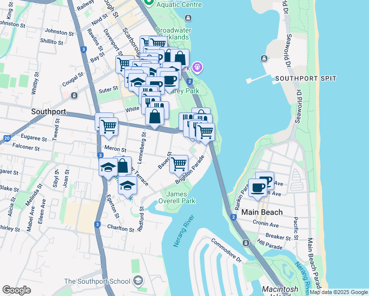 map of restaurants, bars, coffee shops, grocery stores, and more near 3 Como Crescent in Southport