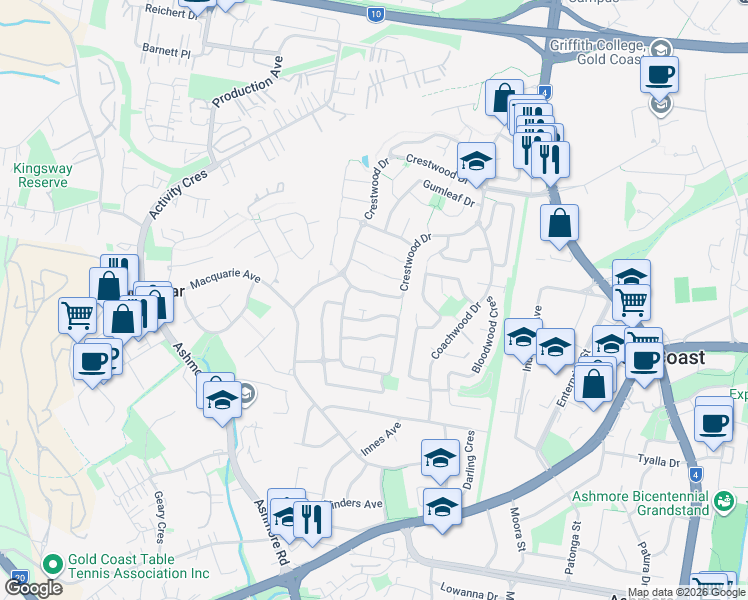 map of restaurants, bars, coffee shops, grocery stores, and more near 111 Crestwood Drive in Molendinar