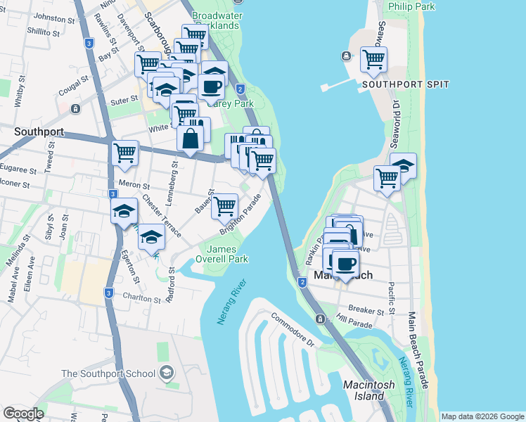 map of restaurants, bars, coffee shops, grocery stores, and more near 77 Brighton Parade in Southport