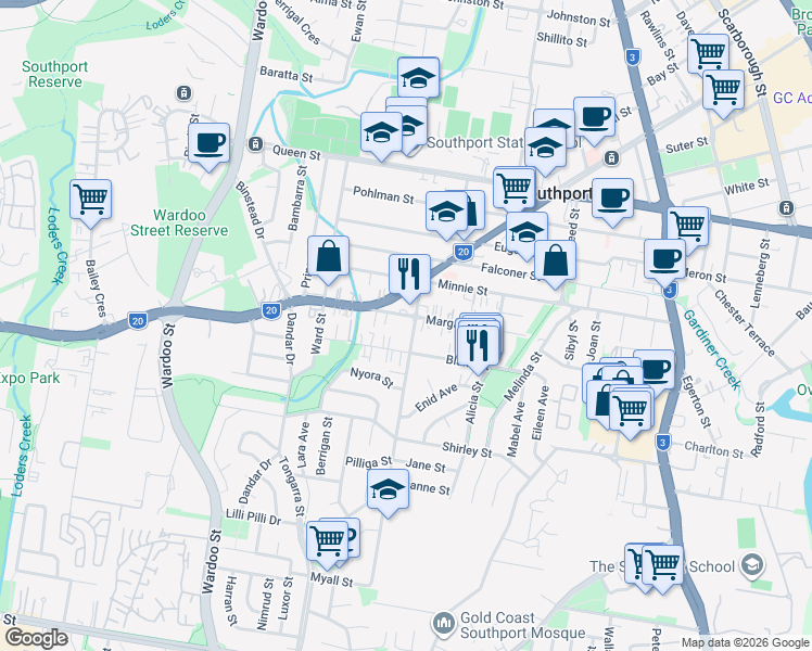 map of restaurants, bars, coffee shops, grocery stores, and more near 9 Anne Street in Southport