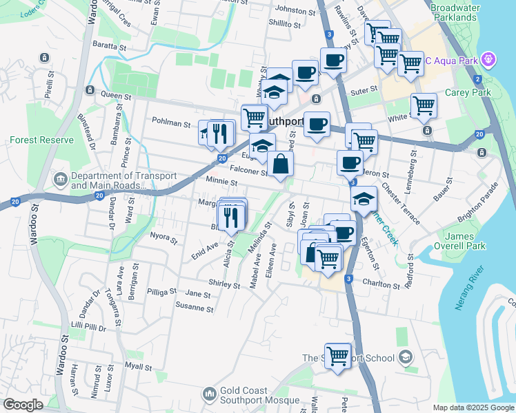 map of restaurants, bars, coffee shops, grocery stores, and more near 5 Margaret Street in Southport