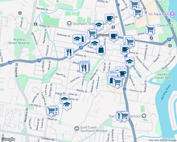 map of restaurants, bars, coffee shops, grocery stores, and more near 16 Alicia Street in Southport