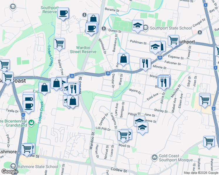 map of restaurants, bars, coffee shops, grocery stores, and more near 6 Moonah Avenue in Southport