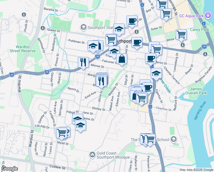 map of restaurants, bars, coffee shops, grocery stores, and more near 18 Alicia Street in Southport