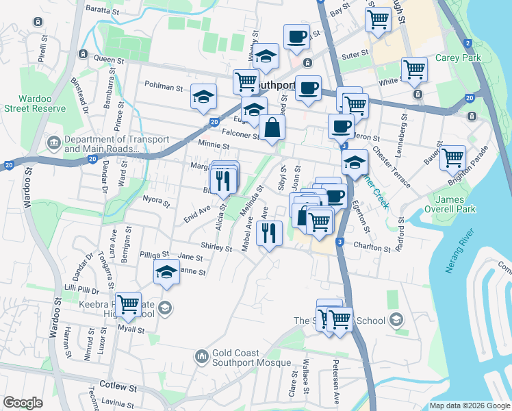 map of restaurants, bars, coffee shops, grocery stores, and more near 4 Mabel Avenue in Southport