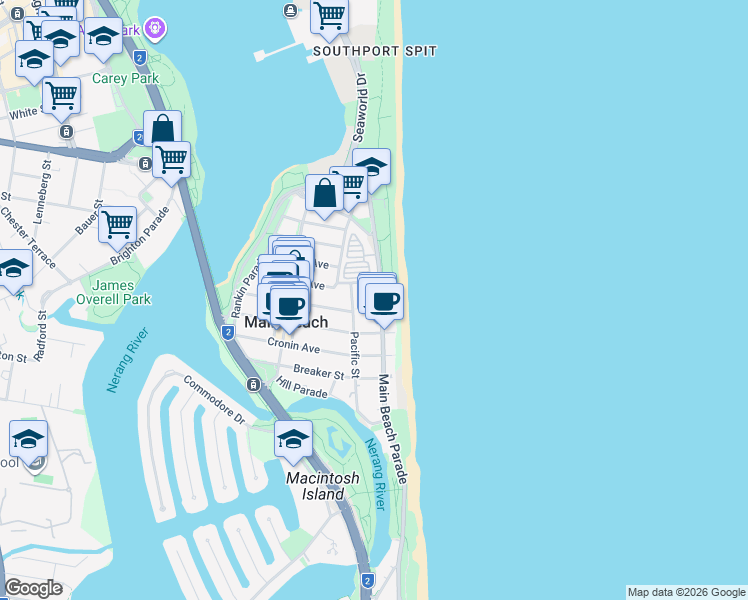 map of restaurants, bars, coffee shops, grocery stores, and more near 59 Pacific Street in Main Beach