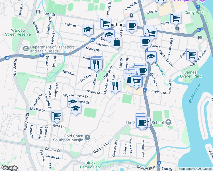 map of restaurants, bars, coffee shops, grocery stores, and more near Mabel Avenue in Southport