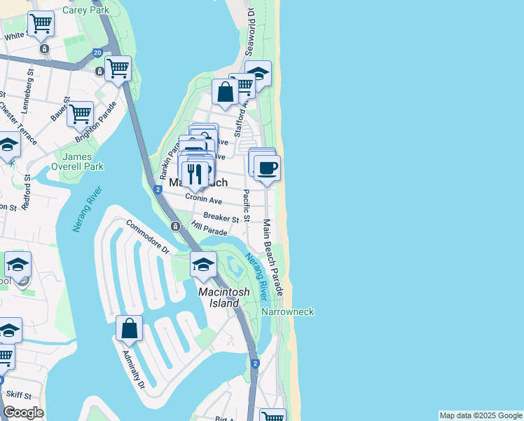 map of restaurants, bars, coffee shops, grocery stores, and more near 3544 Main Beach Parade in Main Beach