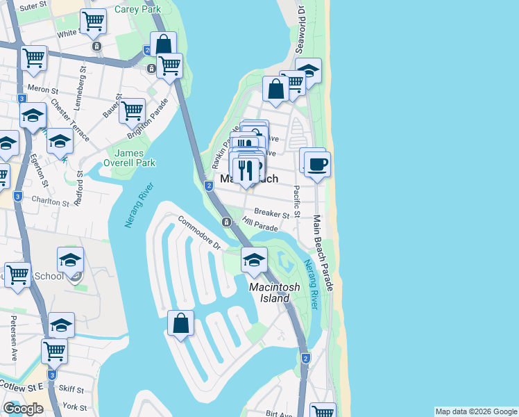 map of restaurants, bars, coffee shops, grocery stores, and more near 33 Breaker Street in Main Beach