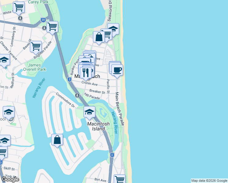 map of restaurants, bars, coffee shops, grocery stores, and more near 3540 Main Beach Parade in Main Beach
