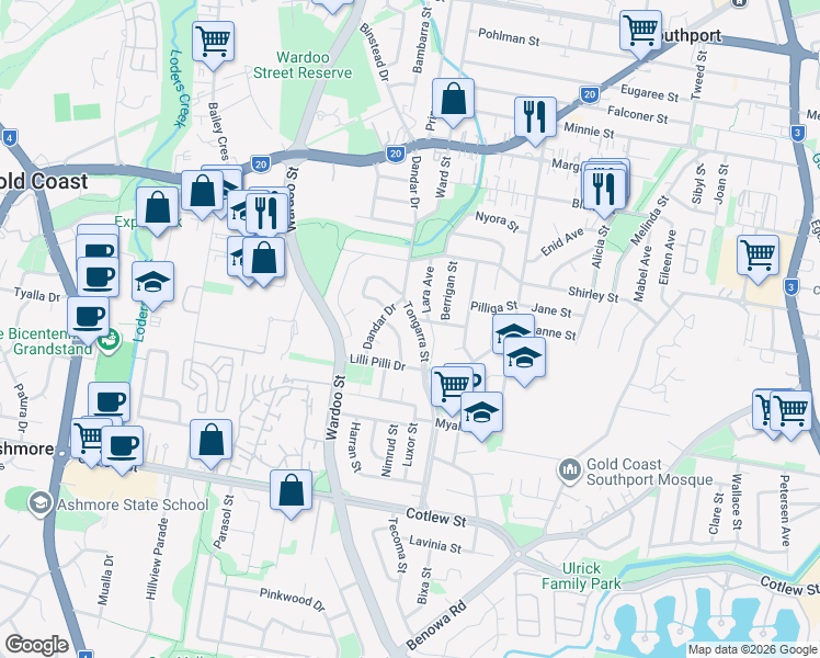 map of restaurants, bars, coffee shops, grocery stores, and more near 10 Tongarra Street in Southport