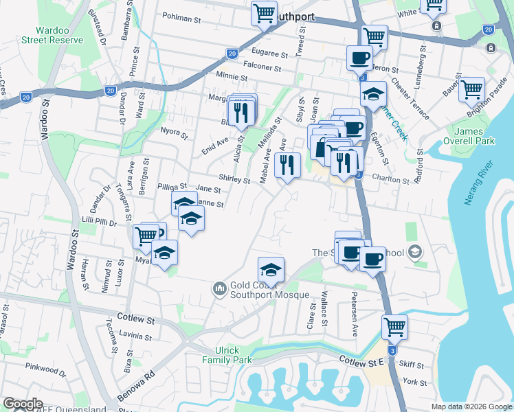 map of restaurants, bars, coffee shops, grocery stores, and more near 14 Kathleen Avenue in Southport