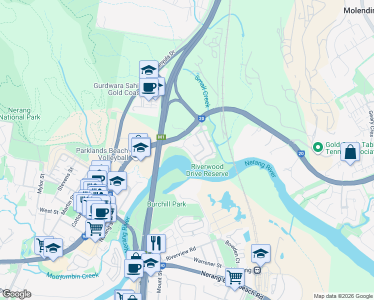map of restaurants, bars, coffee shops, grocery stores, and more near 19 Riverwood Drive in Gold Coast