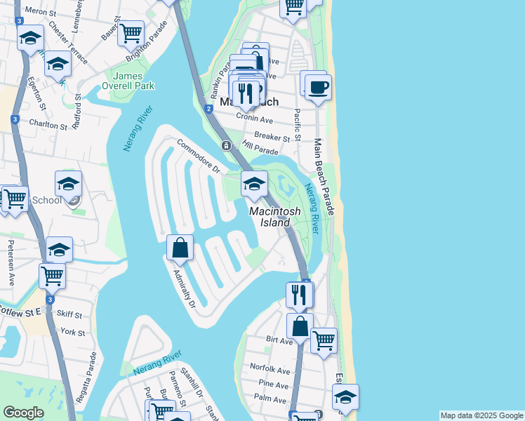 map of restaurants, bars, coffee shops, grocery stores, and more near 18 Commodore Drive in Surfers Paradise