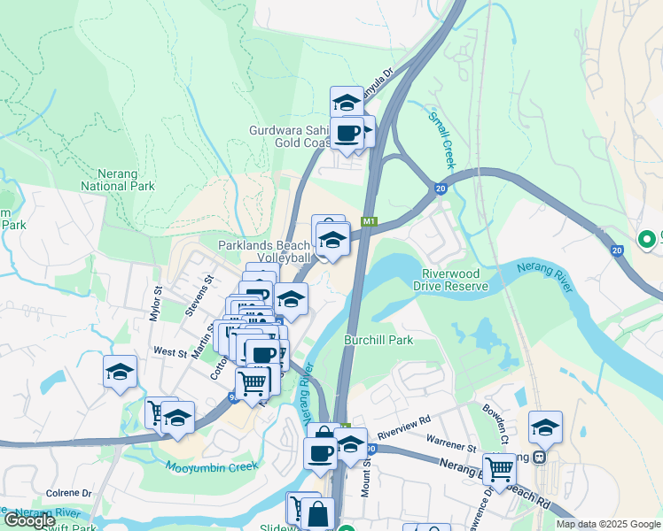 map of restaurants, bars, coffee shops, grocery stores, and more near 7027 Southport Nerang Road in Nerang