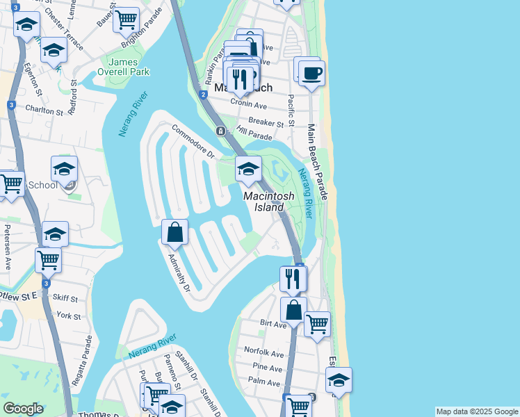 map of restaurants, bars, coffee shops, grocery stores, and more near 12 Commodore Drive in Surfers Paradise