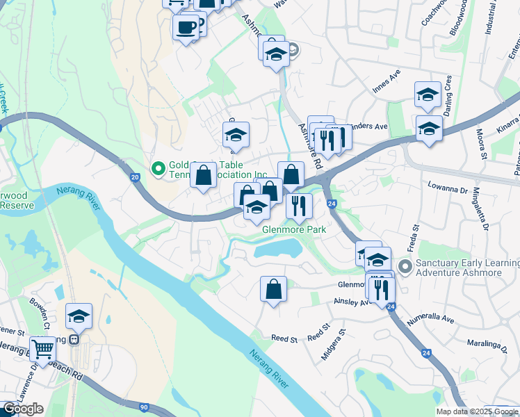 map of restaurants, bars, coffee shops, grocery stores, and more near Central Park Avenue in Ashmore