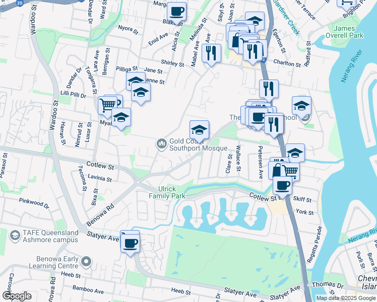 map of restaurants, bars, coffee shops, grocery stores, and more near 57 Benowa Road in Southport