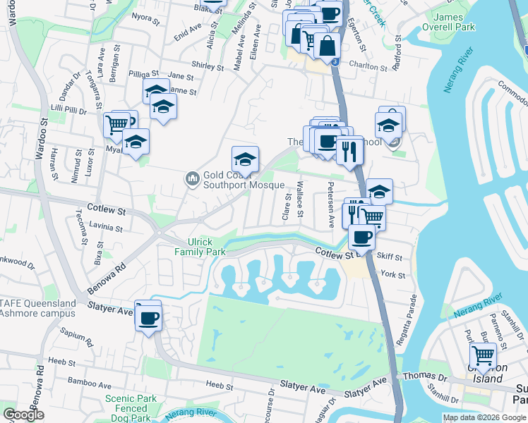map of restaurants, bars, coffee shops, grocery stores, and more near 18 Grevillia Avenue in Southport