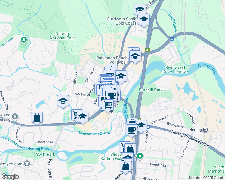 map of restaurants, bars, coffee shops, grocery stores, and more near 19 State Route 20 in Nerang