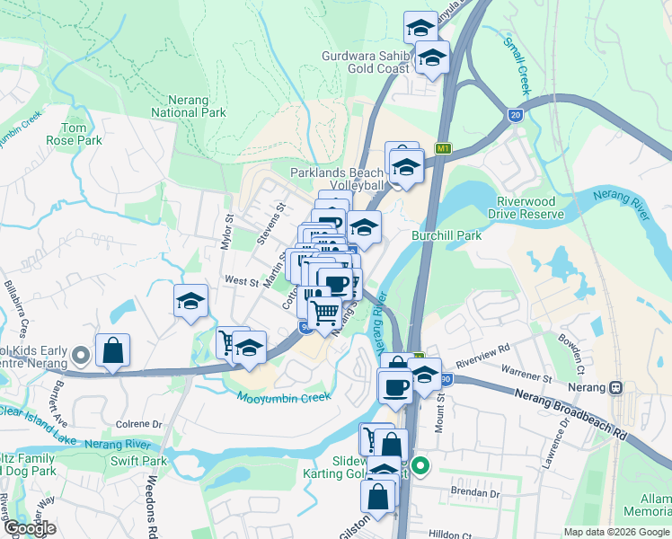 map of restaurants, bars, coffee shops, grocery stores, and more near 19 State Route 20 in Nerang