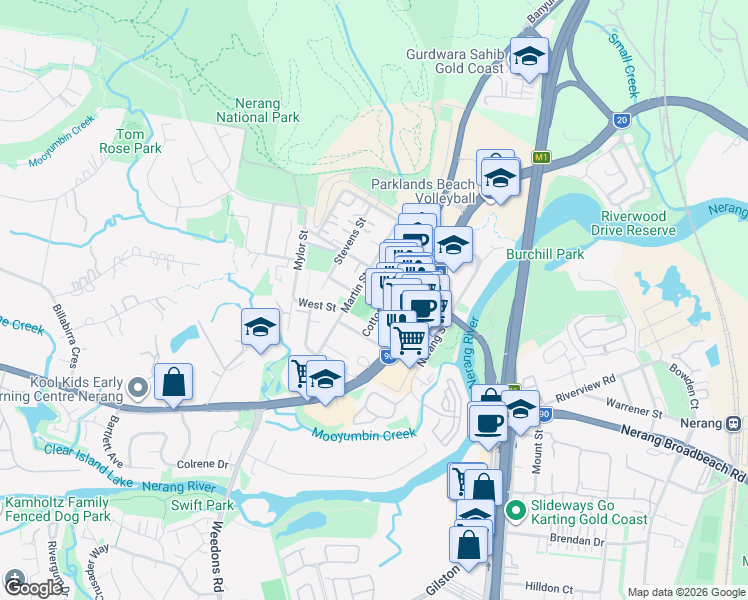 map of restaurants, bars, coffee shops, grocery stores, and more near 29 Cotton Street in Nerang